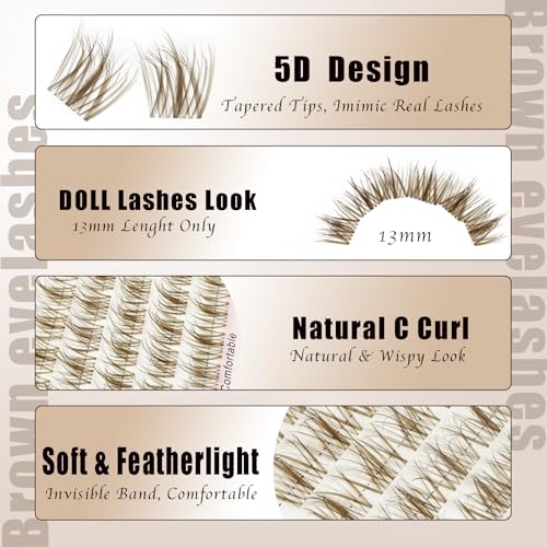 DAODER Brown Lash Clusters Natural Clear Band Brown Eyelash Clusters with Spikes 13mm Short Individual Lashes C Curl Wispy Cluster Eyelash Extensions DIY Lash Extensions for Doll Eyes Look 140pcs