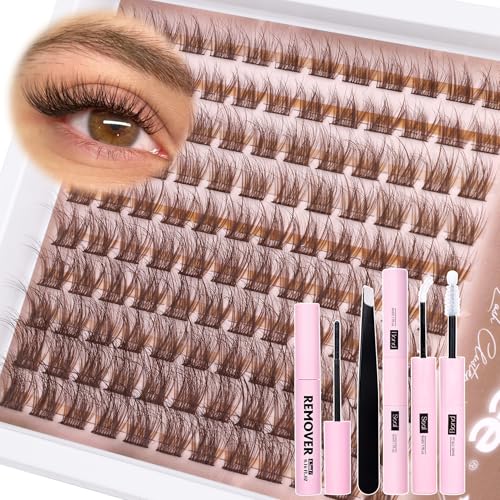Mavphnee Cozy Brown Lash Cluster Kit 10-16mm with Remover, Tweezers, Bond & Seal
