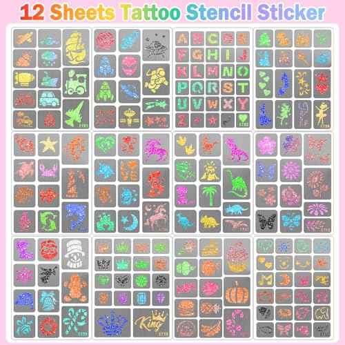 Yazhiji 183PCS Temporary Tattoo Stencils, Paint Stencils Kit on Face and Body, Girl Boy Glitter Tattoos Stencils Pack for Kids School Show Birthdays Halloween Christmas Party Favor Supplies
