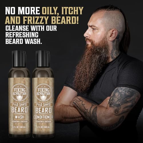 Viking Revolution Beard Wash and Beard Conditioner for Men with Argan Oil and Jojoba Oil - Beard Softener and Strengthener Beard Care Beard Shampoo and Conditioner with Ginseng Root (5oz, Palo Santo)