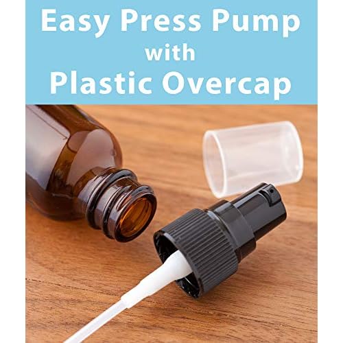 JUVITUS 2 oz Amber Glass Boston Round Black Treatment Pump Bottle (6 pack) + Funnel Refillable Empty Storage Containers