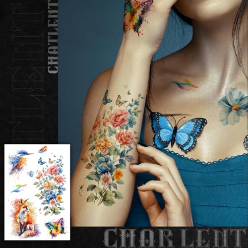 3D Watercolor Temporary Tattoos - 9 Sheets Realistic Flower & Animal Designs