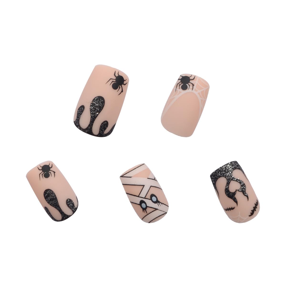 Halloween Long Press on Nails French Tip Fake Nails Full Cover Nude Pink Artificial on Nails Spider and Spider Web Bat Nail Design Acrylic False Nails Holiday Nails for Women DIY Nails 24Pcs