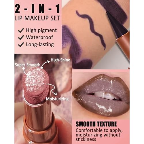 Lip Combo Set, Brown Matte Lip Liner Pencil & Pink Glitter Lipstick Kit, High Shine Highly Pigmented, Nourishing Moisturizing, Long Lasting Plumping Shimmer Lips Gloss Stain, Makeup Gift for Women-01