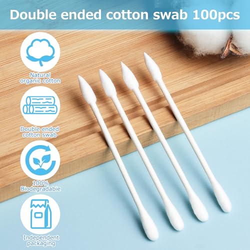 Cotton Swabs 100 Pack - Individually Wrapped Double-Tipped Ear & Makeup Tips, Organic & Biodegradable