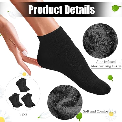Janmercy Black Aloe Moisturizing Socks 3 Pairs Non-Slip Fuzzy Footwear