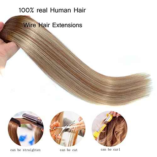 Ugrace Hair Wire Hair Extensions Real Human Hair Balayage Light Brown to Ash Brown and Bleach Blonde 18 inch 90g Transparent Invisible Fish Line Straight Clip in Human Hair Extensions for Women