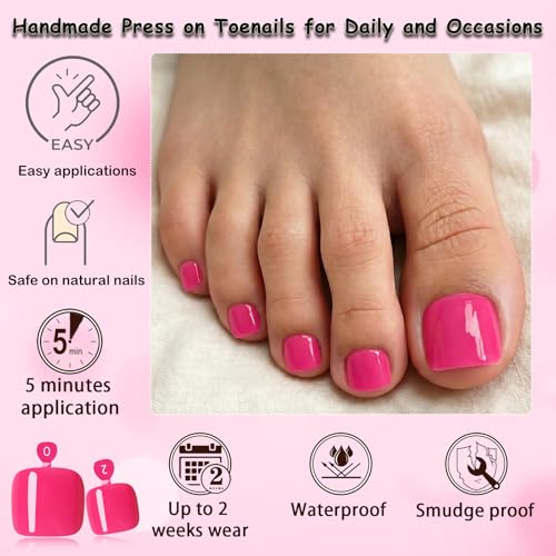 Rose Pink Press On Toenails for Women - 120pc Fake Toe Nail Kit with Glue & Tabs (Rose Pink)