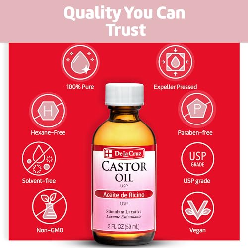 De La Cruz Castor Oil - 100% Pure Castor Oil for Hair, Skin, Eyelashes, and Eyebrows - USP Grade, 2 FL Oz