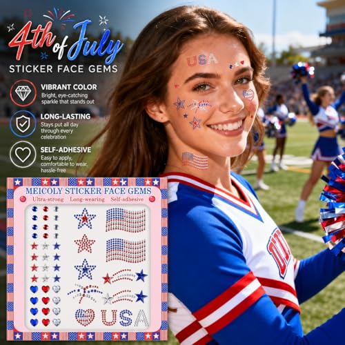4th of July Face Gems Stickers, Self-Adhesive Rhinestones