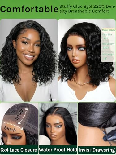 KLAIYI Water Wave Bob Wig - 14 Inch Glueless Human Hair
