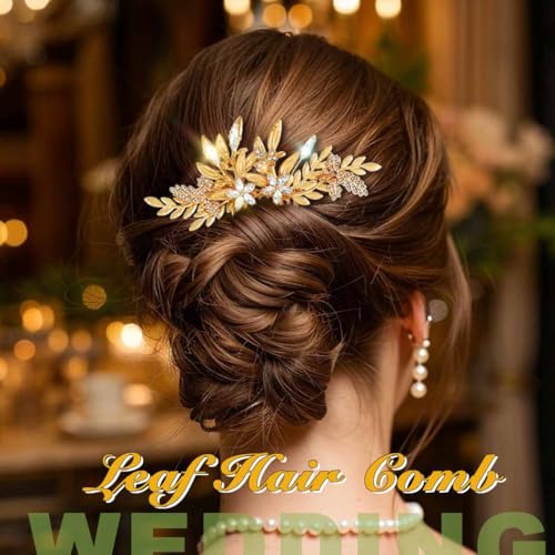 Gold Leaf Wedding Hair Comb with Crystals