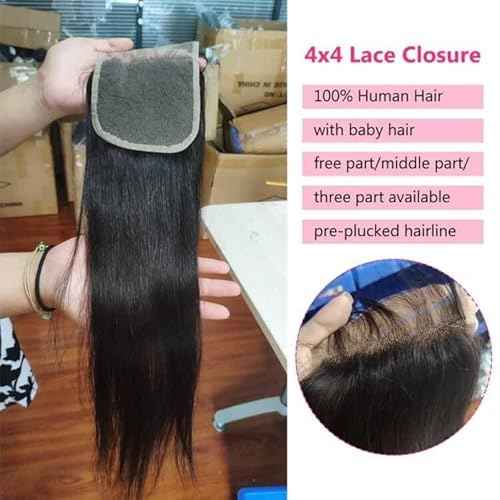 4x4 HD Lace Closure Brazilian Straight Virgin Human Hair Closure Transparent 4X4 Lace Front Closure Human Hair Pre Plucked With Baby Hair for Black Women Natural Color 20 inch