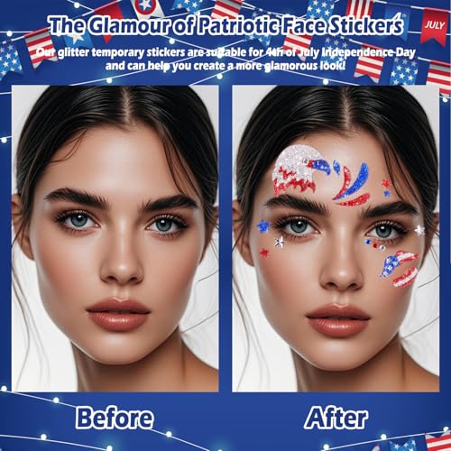 Yosca 6Pc Red White Blue Glitter Temporary Tattoos 4th July