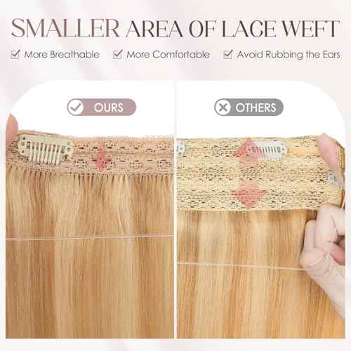 MY-LADY Halo Hair Extensions Real Human Hair for Women Ash Blonde & Bleach Blonde Clip in Remy Hairpiece with Adjustable Invisible Wire 16 Inch 65G