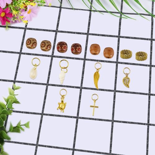 Qingchuang 241 PCS Hair Jewelry for Braids, Locs Metal Gold and Silver Clips Shells Imitation Wood Beads, Adjustable Cuffs Braiding Hair Rings Decoration, Dreadlock Beads for Girls