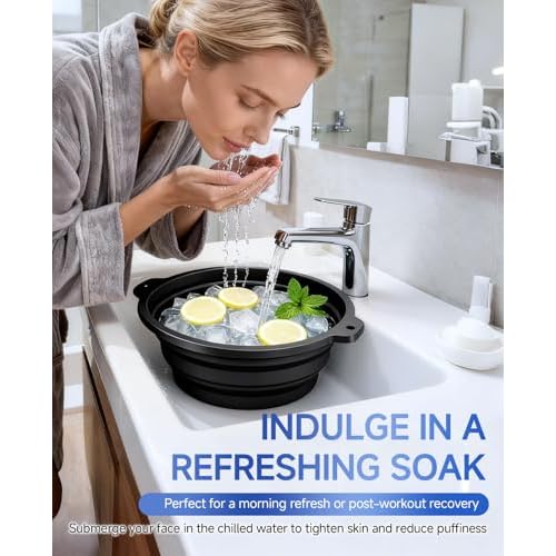 Face Bowl for Ice with Built-in Ice Tray ? Collapsible Silicone Facial Ice Bath Bowl for Cold Plunge Therapy, Skin Tightening & Acne Relief ? Portable Spa Tool for Home & Travel(Black)