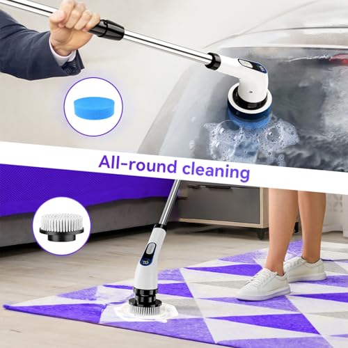 Electric Spin Scrubber Cordless ? Powerful Bathroom Cleaning Brush with Long Handle, 2 Speeds, 3000mAh Rechargeable, 7 Brush Heads, Wall Hanger & Crevice Tools ? Shower, Tub & Tile Cleaner