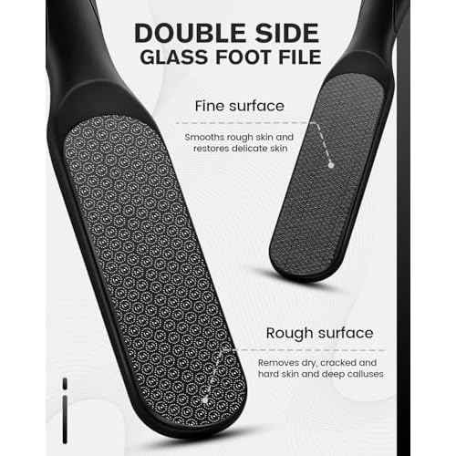 FERYES Dual-Sided Glass Foot File ? Long Handle Foot Scrubber for Dead Skin, Cracked Heel Repair, Pedicure Tools for Callus Removal, Glass Pumice Stone Foot Scraper - Black