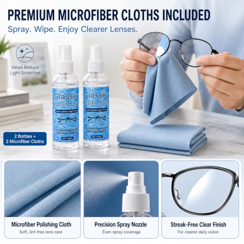 Eyeglass Scratch Repair Spray, 2 Bottles with Microfiber Cloths