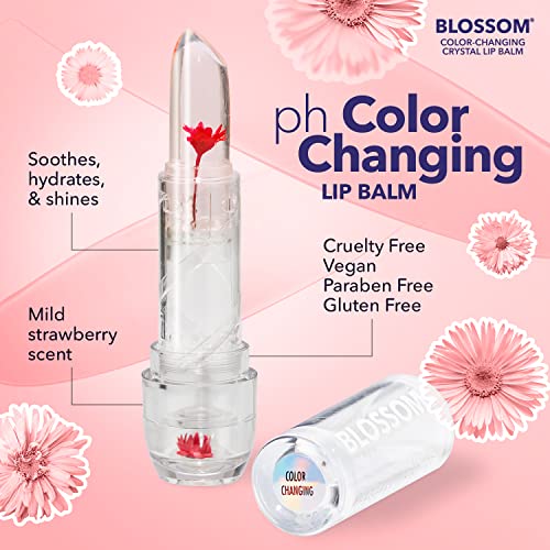 Blossom Moisturizing Custom Color Changing 2 pack, Strawberry Scented Crystal Lip Balm (Red), Shimmer Sparkle Lip Stain Tint (Blush), Infused with Real Flowers, 6g, Red/Blush