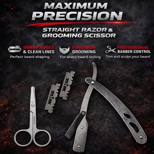 Beard Straightener Grooming Kit for Men, Beard Growth Kit, Wash, Brush & Comb, Unscented Growth Oil, All Natural Sandalwood Balm, Conditioner, Razor & Scissors, Great Gift Idea for Men's (Black)