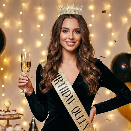 Onedor Gold Clear Queen Crown Tiara & Sash Birthday Cake Topper Party Decor