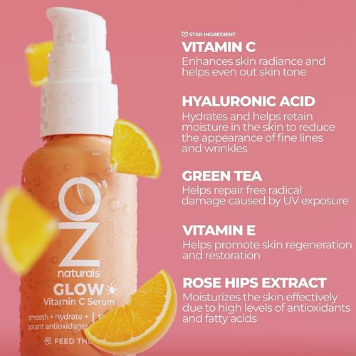 OZNaturals Glow Vitamin C Serum for Face - Brightening Anti Aging Serum with Hyaluronic Acid, Green Tea, and Vitamin E - Targets Age Spots - 1 oz