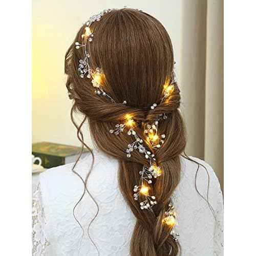 Yean Led Bride Wedding Hair Vine Long Light Up Bridal Headband Silver Crystal Hair Accessories Crystal Costume Party Headpiece for Women and Girls (100cm / 39.3inches)