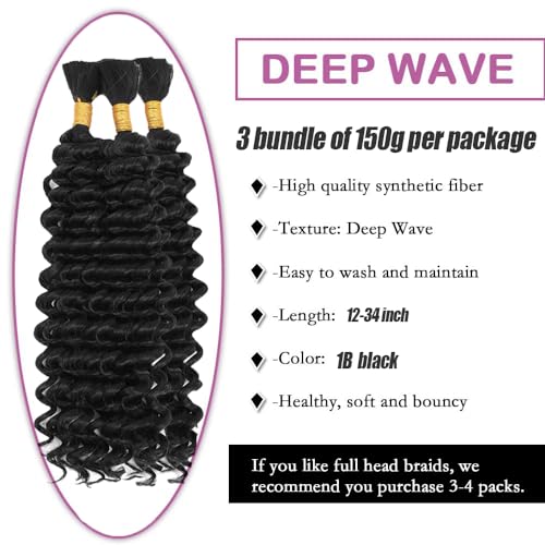 22-Inch Natural Black Deep Wave Human Braiding Hair - 3 Bundles
