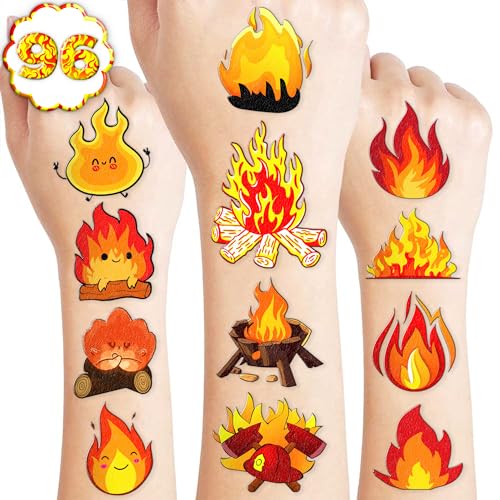 106 PCS Funny Fire Temporary Tattoos Birthday Party Decorations Supplies Favors Flame Firefighter Bonfire Camping Fire Themed Decor Stickers For Girls Boys Gift School Prizes Rewards