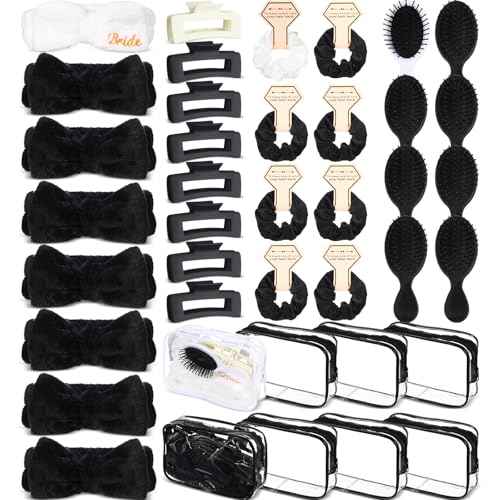 40 Pcs Bachelorette Favor Set Include Headband Scrunchies Hair Claw Clips Hairbrush and Makeup Bag for Bridal Shower Party Gifts Bridesmaid Wedding Supplies(White and Black)