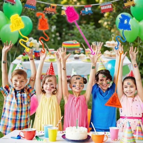 48PCS Train Party Favors - 24PCS Temporary Tattoos & 24PCS Stick Hands Party - Perfect Birthday Party Supplies, Goodie Bag Stuffers, Treasure Box Toys, Classroom Prizes, and Student Gifts