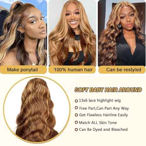 250% Density Highlight Ombre Lace Frontal Wig 13x6 Human Hair Honey Blonde HD Lace Front Wig Pre Plucked with Baby Hair brown 4/27 Colored body Lace Front wig Glueless for Women Natural Hairline