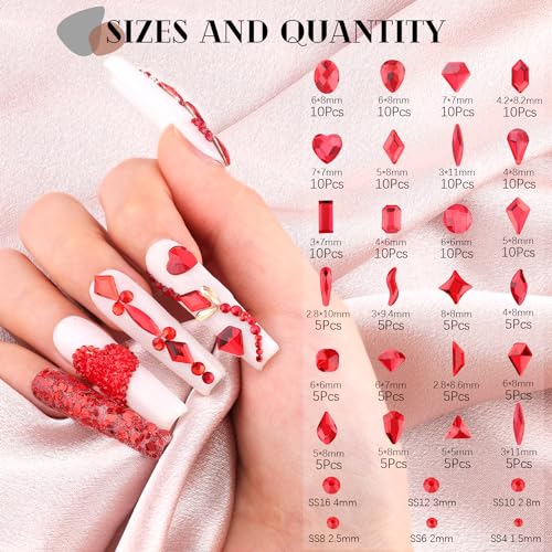 1680Pcs Red Glass Nail Rhinestones 180Pcs Multi Shapes Flatback Gems Crystal + 1500Pcs 1.5-4mm Round Beads with Rhinestones Glue Gel, Manicure Diomand Jewelry Gemstones for Nail Design Makeup