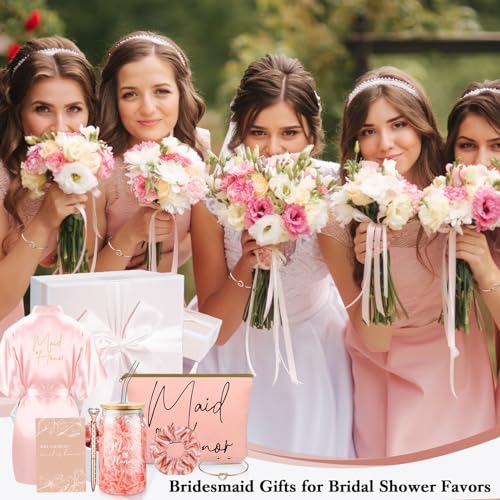 Irenare 8 Pcs Proposal Gifts Set Robes Makeup Bag Cup Cards Hair Tie Bracelet Diamond Pen Bridesmaid Gift Box(Pink,Maid of Honor)