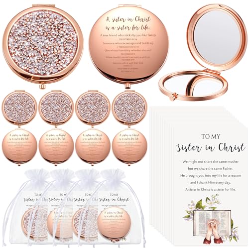 Geetery 10 Set Christian Gifts for Church Group Women Lady Mom Friend Bulk Rhinestone Sisters in Christ Compact Mirror Pocket Religious Faith Bible Verse Party Favors for Easter Mother Day(Rose Gold)