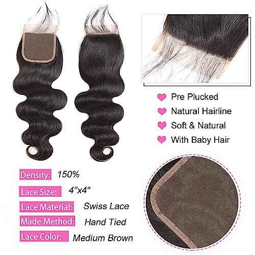 Body Wave Bundles with Closure Brazilian Human Hair 3 Bundles with Closure(10 12 14+10) Inch Body Wave 100% Unprocessed Virgin Hair Bundles with 4x4 Lace Closure Free Part Natural Color