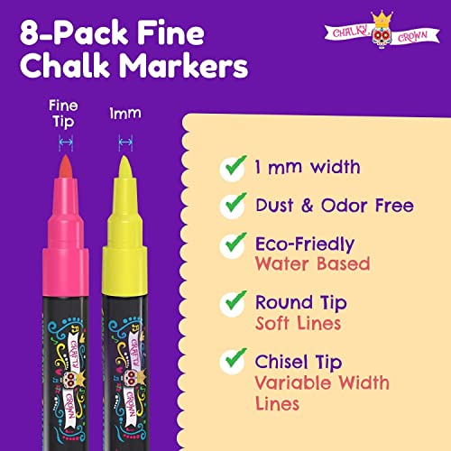 CHALKY CROWN Bold Chalk Markers - Dry Erase Marker Pens - Liquid Chalk Markers for Chalkboards, Signs, Windows, Blackboard, Glass - Reversible Tip (8 Pack) - (Multicolored, 1mm)