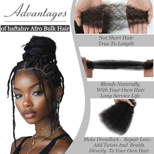 Afro Kinkys Bulk Human Hair 12 Inch 100g Nature Black Afro Kinky Curly Human Hair Bulk for Dreadlock Extensions, Micro Locs, Braiding Twists, Braids and Repair Locs(12 Inch, 1b#)