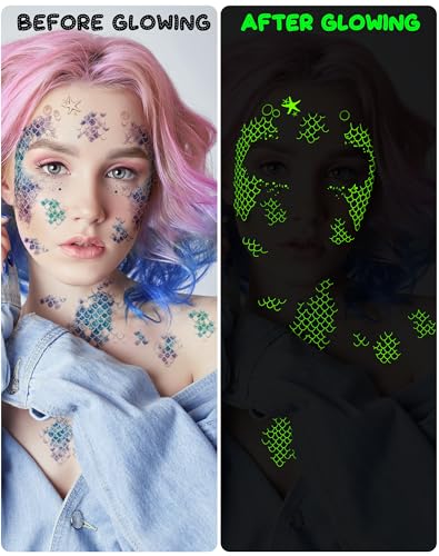 Luminous Mermaid Scale Temporary Tattoos - 16 Sheets Glow in Dark