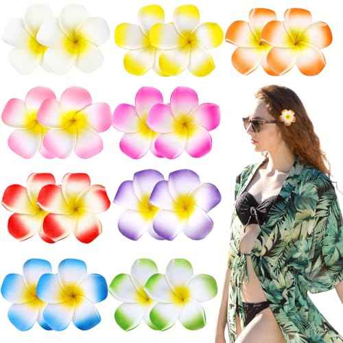 18 Pcs Hawaiian Flower Hair Clips, 2.75 Inch Plumeria Foam Hair Clip Artificial Tropical Flower Hairpins for Beach Vacation Wedding