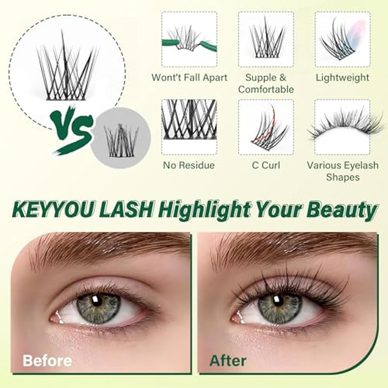 KEYYOU Lash Clusters Kit - 144pcs C Curl Wispy Lashes 8-18mm