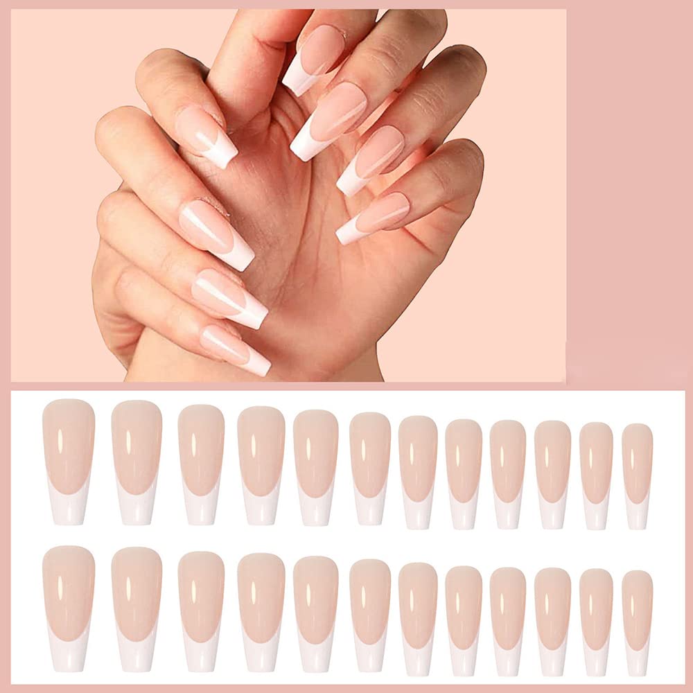 DOUBNINE Press On False Nails Long Coffin Gradient French Tip Nude Pink Fake Nails Acrylic Full Cover Luxury False Nails for Women