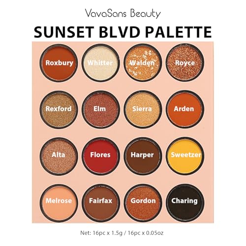 Sunset Blvd Eyeshadow Palette 16 Colors Brown Nude Earth Tone Matte Glitter Shimmer Eye Shadow Long Lasting High Pigmented Blendable Smokey Eyeshadow Powder Makeup