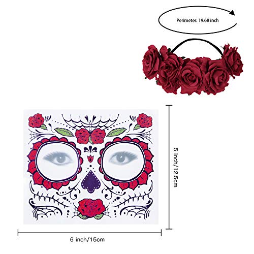 4 Kits Day of the Dead Sugar Skull Temporary Face Tattoo Makeup Tattoo for Men and Women with 1 Rose Red Flower Crown Headband for Halloween Costume