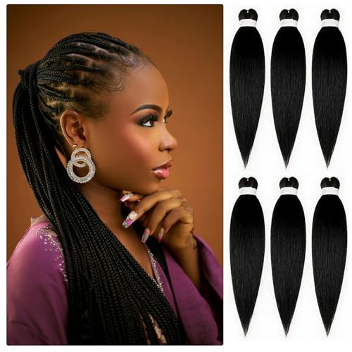 Aizami 6 Packs Pre-Stretched 26in 100g/Pack Yaki Texture Synthetic Braiding Hair Extensions (1B) – Lightweight, Hot Water Setting