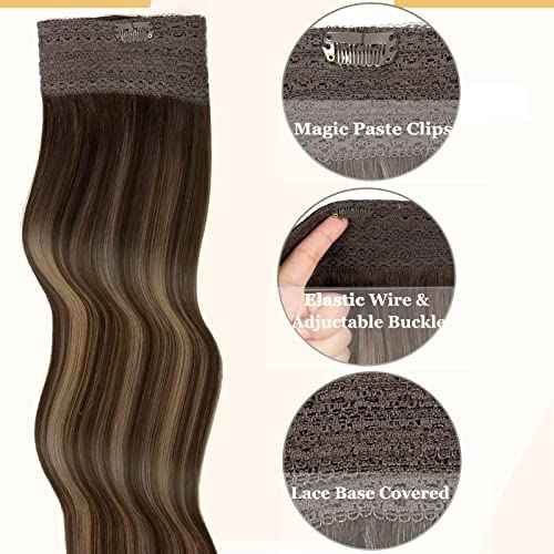 Anrosa Fish Line Invisible Hairpiece for Women Balayage Dark Brown to Chestnut Brown Extensions with Transparent Straight Real Human Hair Extensions 12 Inch 70G Wire Hair Extensions Adjustable Clips