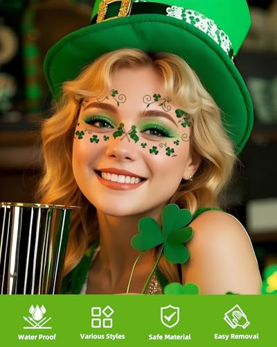St. Patrick's Day Temporary Tattoos - 18 Waterproof Shamrock Stickers
