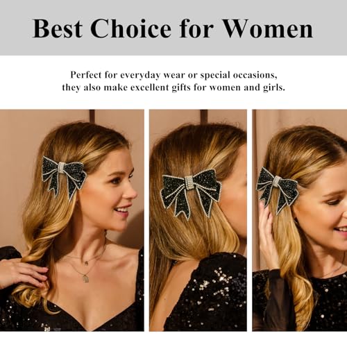 Black Rhinestone Bow Hair Clip - Elegant French Flat Clip - Black Hair Bow for Women Gift